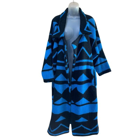 90’s Funky Vintage I.B. Diffusion Blue & Black Geometric Wool Blend Open Front L - Picture 2 of 9